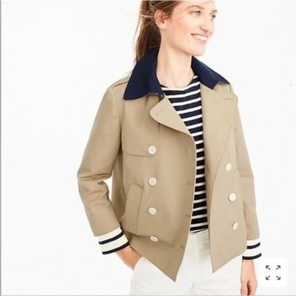 J.Crew Cropped Trench Coat Navy Collar Detachable Striped Cuff Sz 12 NWT